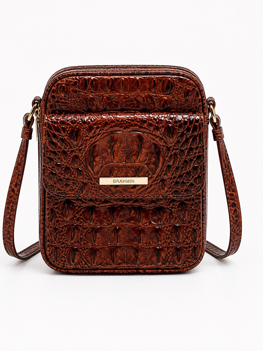Brahmin Chestnut Croc-Embossed Crossbody with Gold Hardware